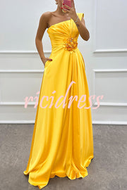Nasha Satin Pleated One Shoulder Petal Gemstone Detail Pocket Slit Maxi Dress
