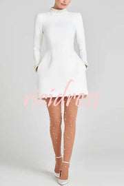 Lovers Kiss Pearl Trim High Neck Long Sleeve Pocketed Tulip Mini Dress
