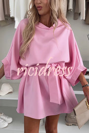Solid Color Loose Round Neck Belted Mini Dress