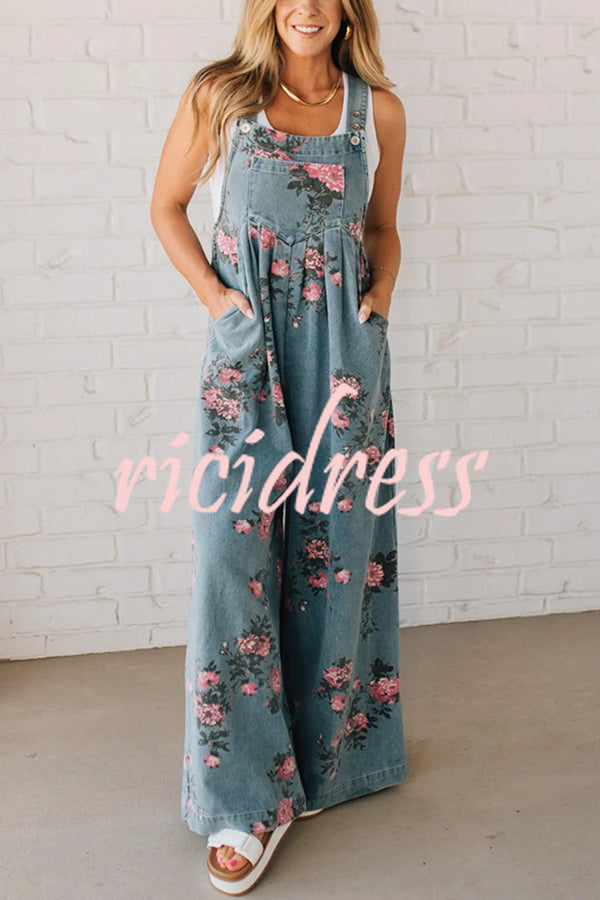 Fashion Floral Print Casual Button Pocket Loose Denim Overalls