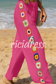 Dimarco Linen Blend Colorful Crochet Flower Patchwork Stretch Waist Wide Leg Pants