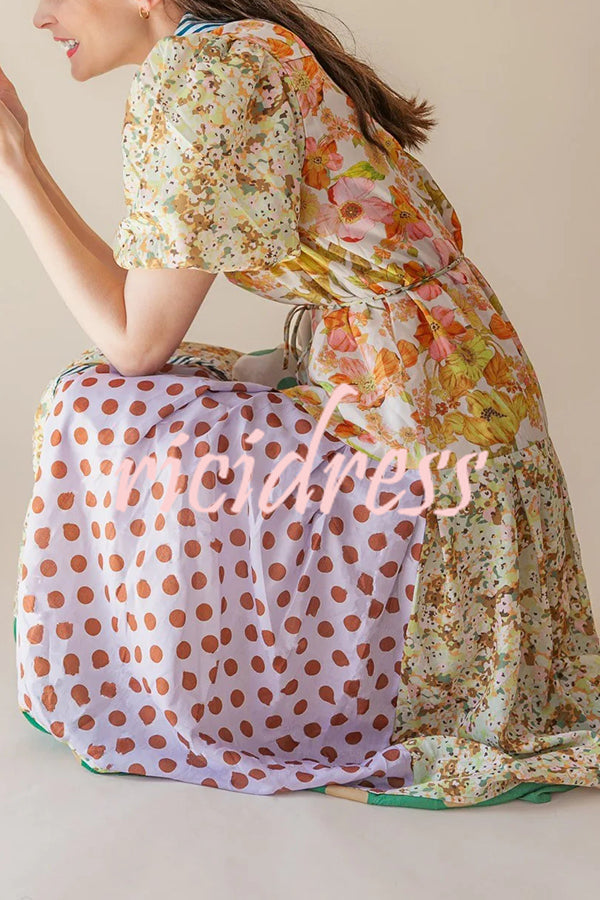 Linen Blend Unique Print Lapel Puff Sleeve Casual Midi Dress