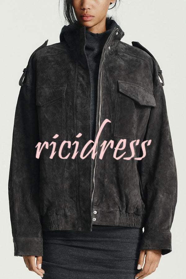 Fashionable Suede Loose Pocket Leather Jacket
