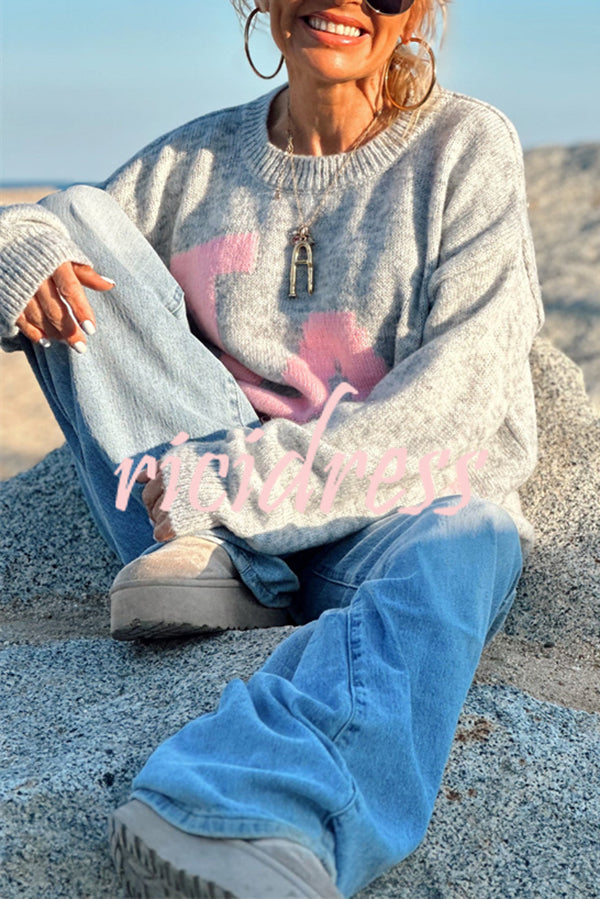 Letter Pattern Crew Neck Long Sleeve Loose Knit Sweater
