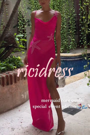 Mermaid Chiffon Starfish Sequin Asymmetric Neck Slit Maxi Dress