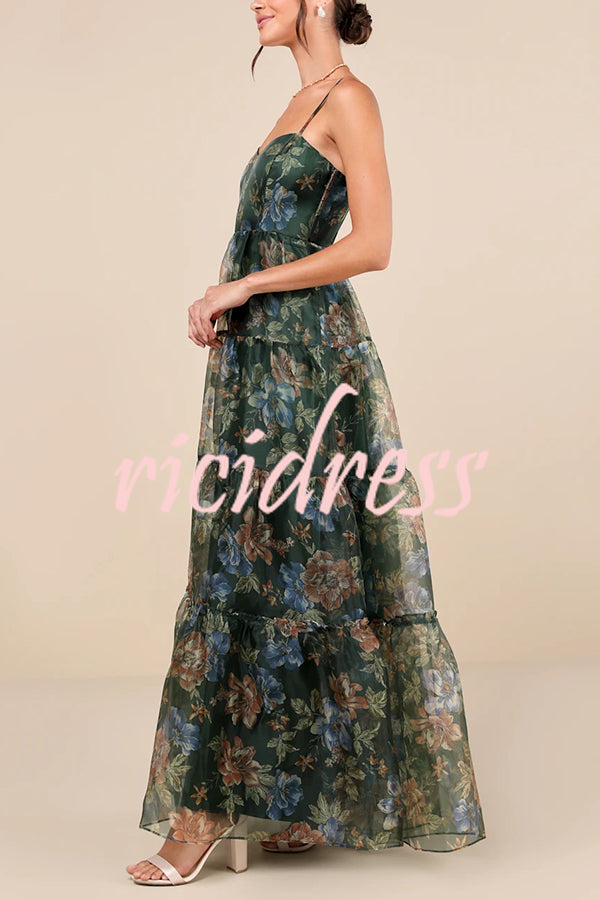 Exclusive Glamour Organza Floral Print Tiered Slip Maxi Dress
