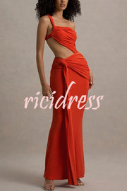 Sexy One-shoulder Backless Ribbon Pleated Slim Maxi Dress