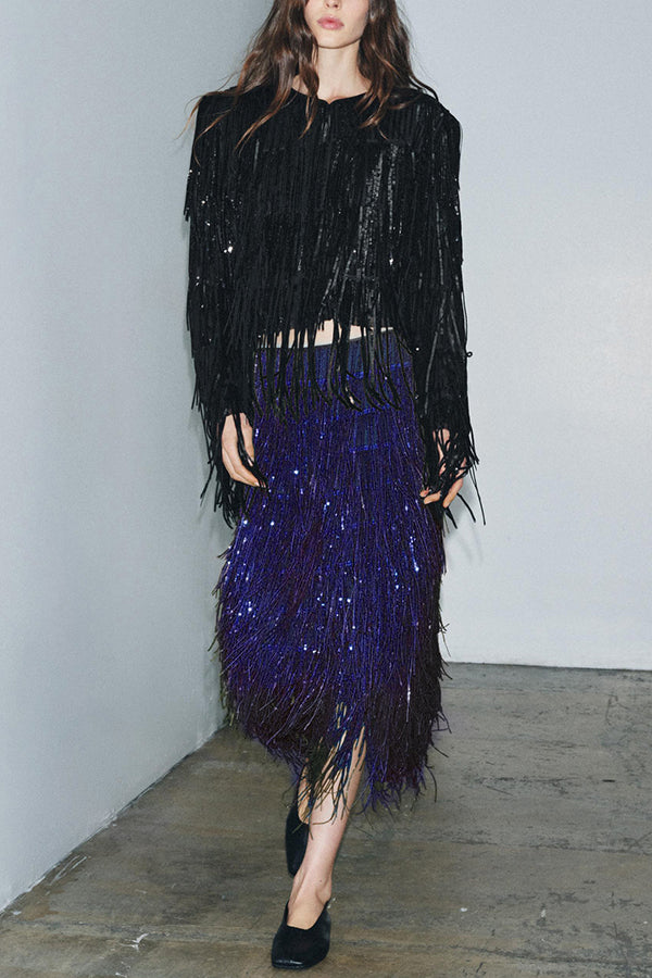 Party Crasher Layered Sequined Tassels High Rise Back Zipper Midi Skirt