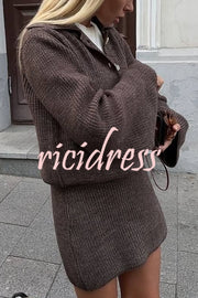 Fashion Lapel Bell Sleeve Knitted Cardigan and Casual Mini Skirt Set