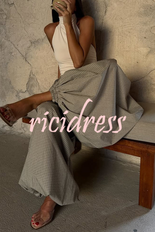 Fashion Plaid Print Elastic Waist Pocket Loose Wide-leg Pants