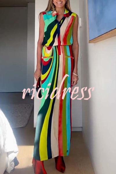 Bold and Elegant Colorful Print Button Up Pocket Shirt Slit H-line Maxi Dress