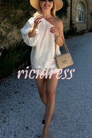 Chasing Comfort Linen Blend One Shoulder Top and Elastic Waist Pocket Shorts Set