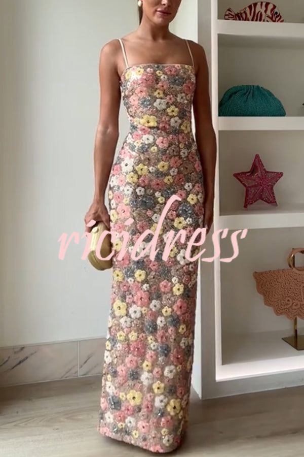 80's Inspired Floral Print Sequin Square Neck Slip Stretch Maxi Dress