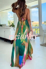 Andie Splash Ink Printed Cutout Back Tie-up Slit Vacation Maxi Dress