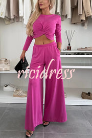 Solid Color Round Neck Long Sleeve Twist Crop Top and Elastic Waist Pocket Wide Leg Pants Set