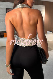 Dazzling Night Sequin Halter Cowl Neck Backless Tank