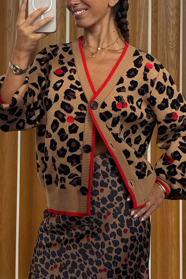 Perfect for Winter Leopard Cherry Print Knitted Button Long Sleeve Loose Cardigan
