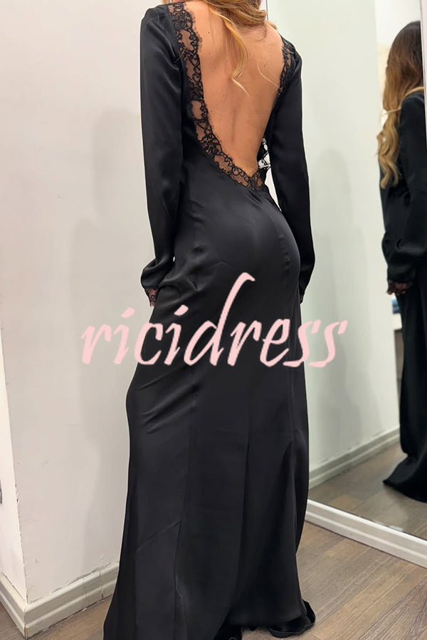 Mystic Moment Satin Lace Trim Long Sleeve Backless Maxi Dress