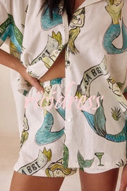 Linen Blend Mermaid Print Shirt Top and Elastic Waisted Loose Shorts Set