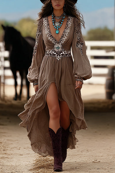 Retro V-neck Lantern Sleeve Ruffled Irregular Hem Maxi Dress