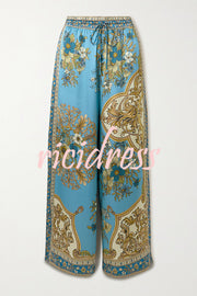 Satin Floral Print Loose Shirt and Elastic Waist Pocket Casual Wide-leg Pants
