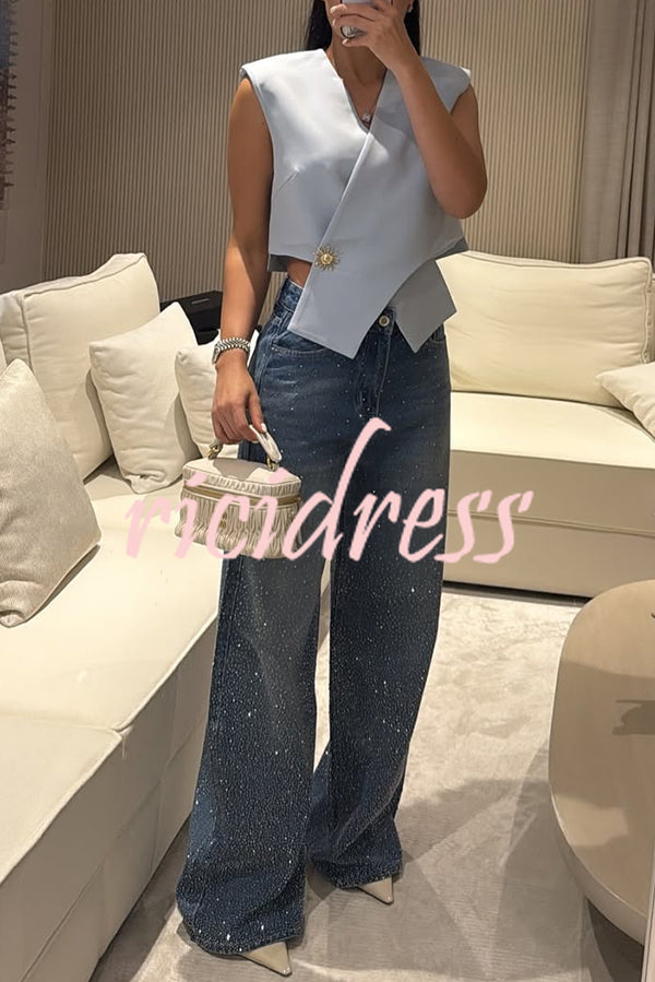 Fashion Star Rhinestone High Rise Casual Pocket Straight Loose Jeans