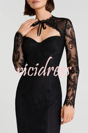 Mylene Lace Corset Cut Sweetheart Tie-up Neck Sheer Long Sleeve Slit Midi Dress