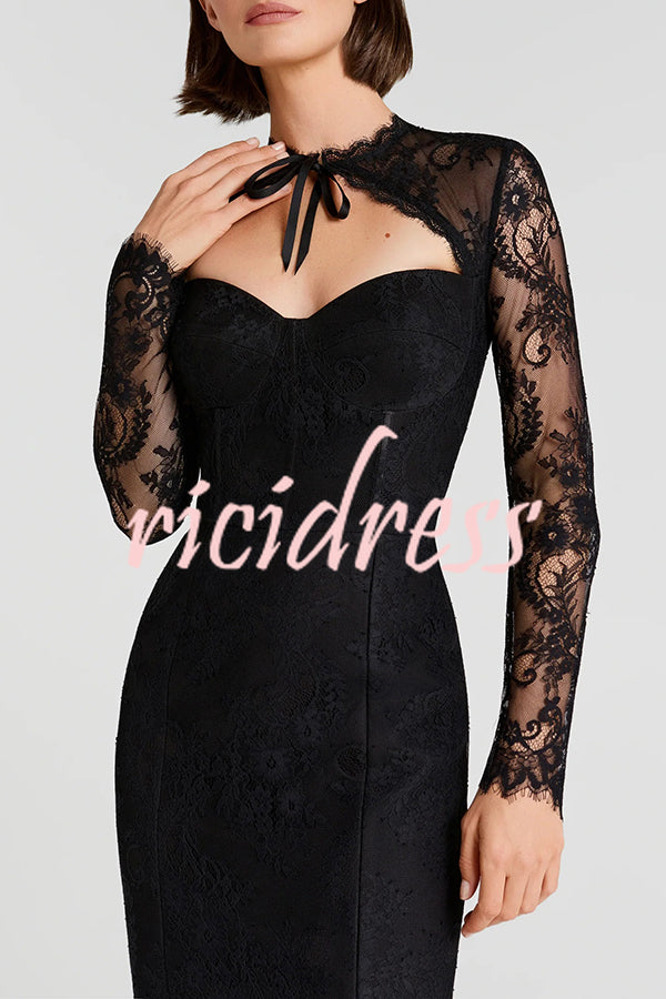 Mylene Lace Corset Cut Sweetheart Tie-up Neck Sheer Long Sleeve Slit Midi Dress