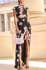Lavender Flower Print Cutout Bow Details Thigh-high Slit Cheongsam Maxi Dress