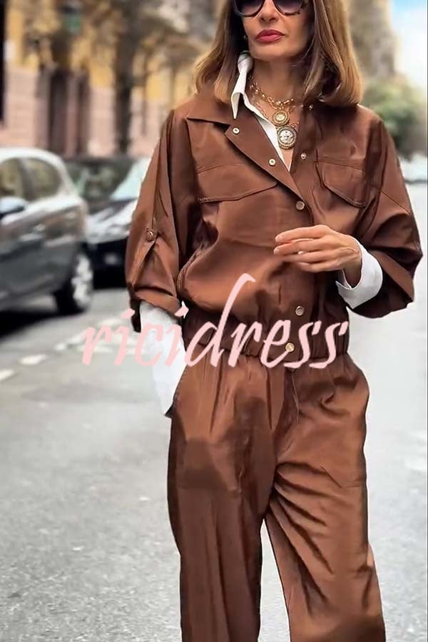 Street Charm Glossy Fabric Button Pocket Cargo Jacket and Elastic Waist Jogger Pants Set