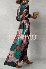 Floral Print Lapel Waisted Lace-up Long-sleeve Maxi Dress