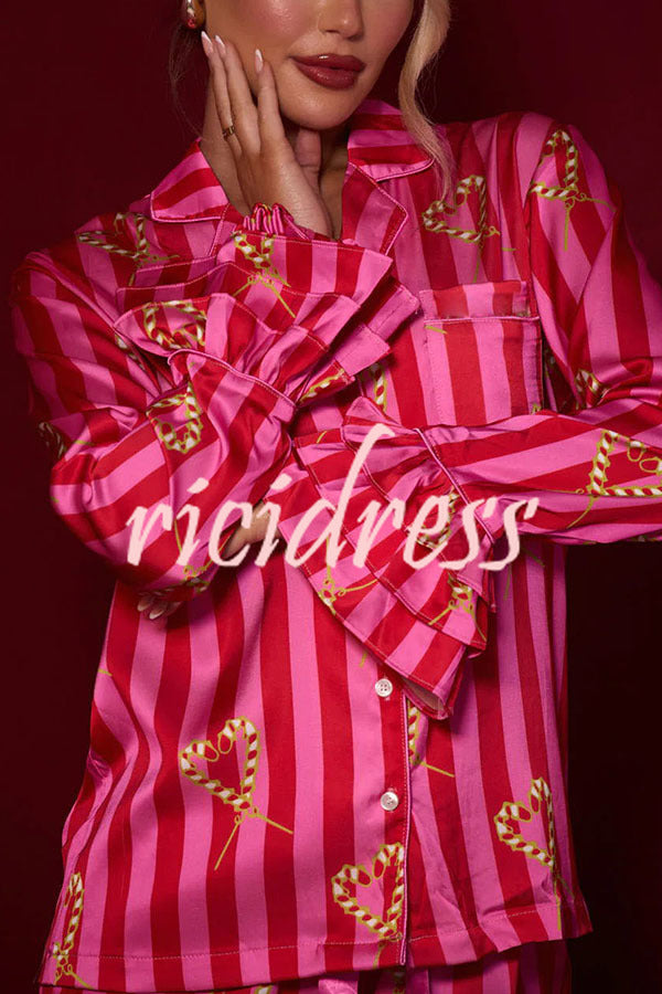 Festive Season Long Candy Stripe Tiered Bell Cuffs Elastic Waist Pocketed Pajama Set