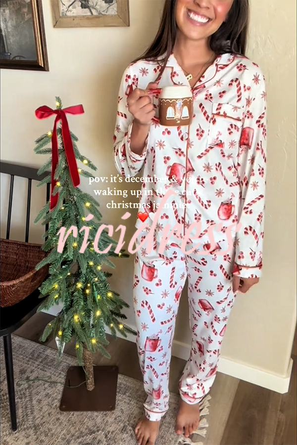 Christmas Candy and Drink Printed Long-sleeved Shirt and Elastic Waist Pocket Pants Set