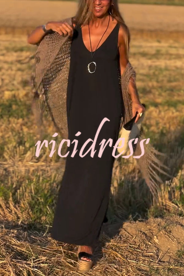 Solid Color V-neck Sleeveless Casual Loose Maxi Dress