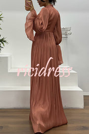 Ellah Shiny Fabric Chinese Stand Collar Twist Waist Balloon Sleeve Maxi Dress