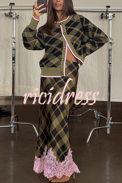 Holiday plaid Satin Unique Print Patchwork Lace Stretch Waist Draped Maxi Skirt