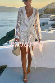 Beach Elegance Floral Lace Long Sleeve Wrap Tie-up Vacation Mini Dress