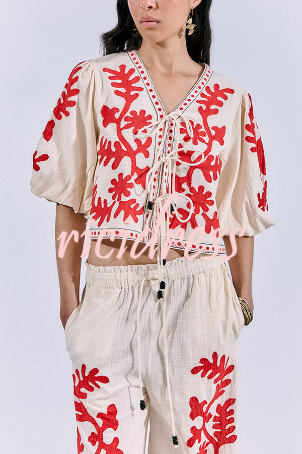 Till Sunset Linen Blend Unique Print Lace-up Puff Sleeve Shirt