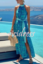 Unique Print Sexy Off-the-shoulder Waist Tie Slit Holiday Midi Dresses