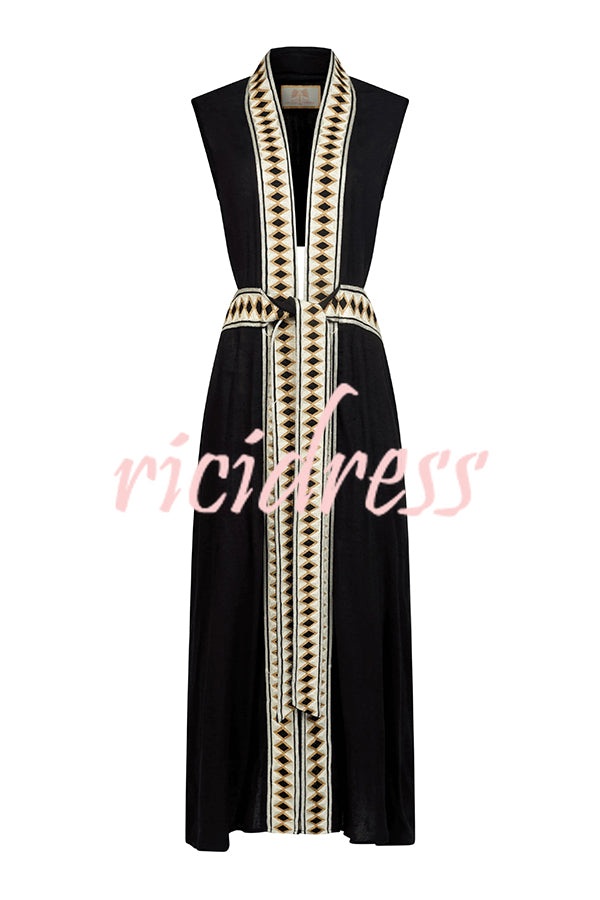 Fashionable Lock-edge Printed V-neck Lace-up Holiday Cover-up Robe