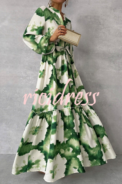 Unique Printed V-neck Long Sleeve Waist Tie-down Maxi Dress