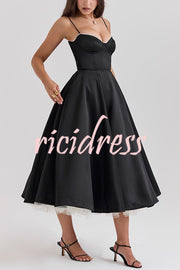 Fairytale Vibe Satin Patchwork Tulle Sweetheart Neck Pocket Stretch Midi Dress