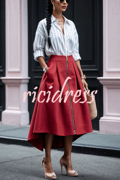 Effortless Charm Front Zipper Detail Pocketed High Low Pleated Midi Skirt