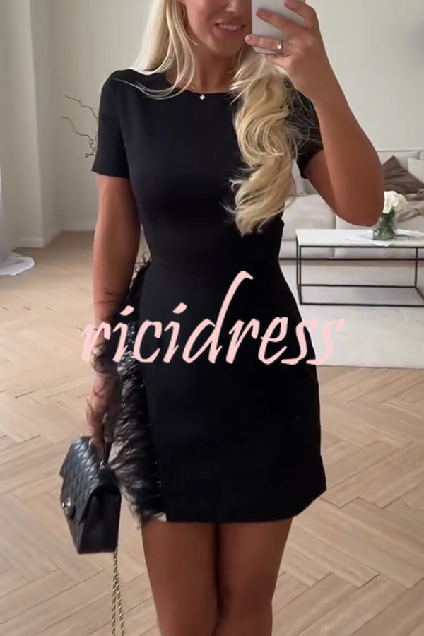 Marcelle Feather Trim Short Sleeve Color-block Him Mini Dress