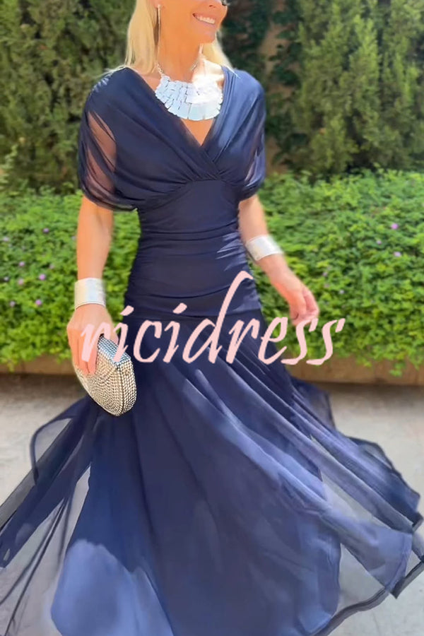 Unique Printed V-Neck Waisted Mesh Holiday Maxi Dress