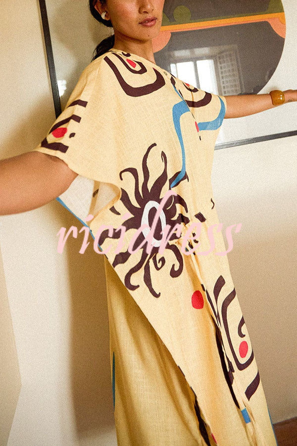 Helia Linen Blend Unique Print Drawstring Waist Kaftan Maxi Dress