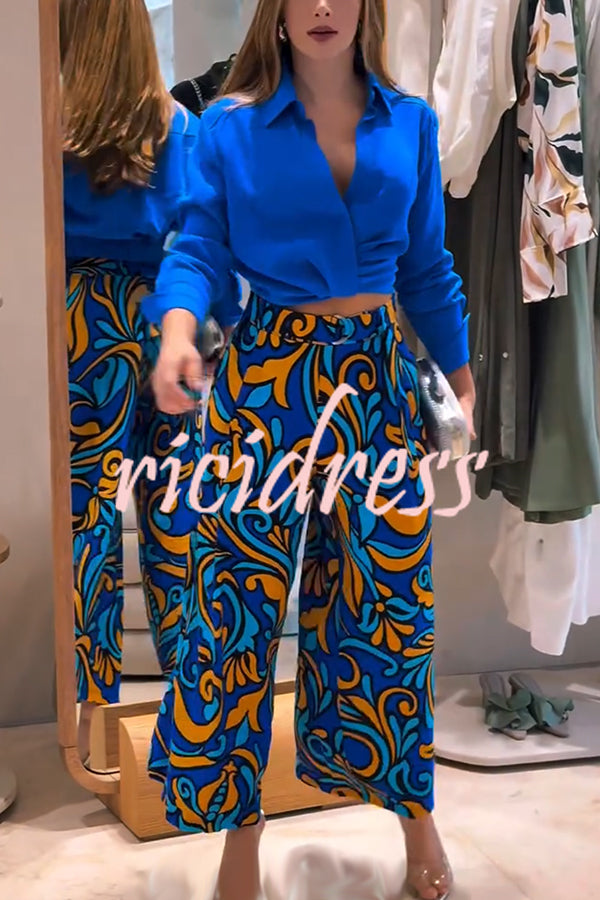 Ocean Heart Linen Blend Printed Ruched Hem Blouse and Belted High Rise Pocket Loose Pants Set