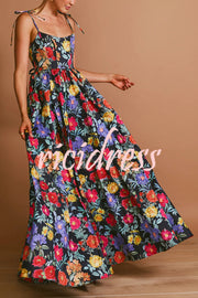 Garden Wedding Floral Print Back Tie-up Pocketed Slit Maxi Dress