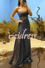Essie Satin Rhinestone Patchwork Twist Waist Strapless Slit Maxi Dress