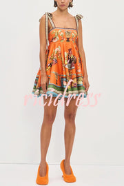 Linen Blend Unique Print Suspender Tie Casual Mini Dress